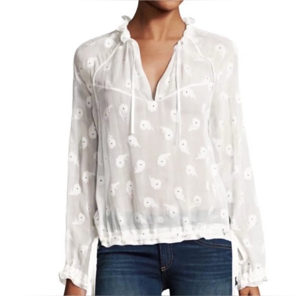 Rag & Bone Bennett Top Silk Blend Embroidered Tie Front Long Sleeve Large Blouse
